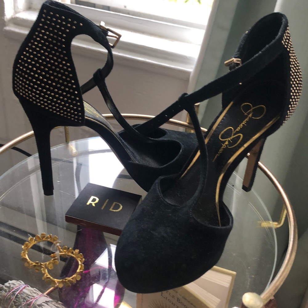 Jessica Simpson black and gold heels